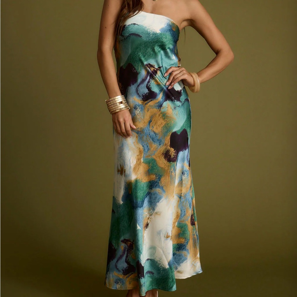Natalia Blue and Gold Watercolor Strapless Maxi Dress